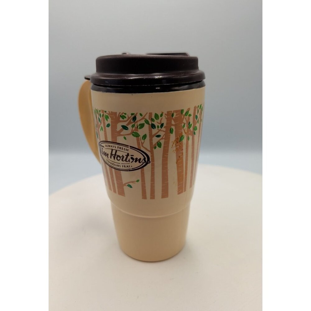 Tim Hortons Insulated Thermo-Serve Forest Trees Beige Coffee Travel Mug Vintage - Picture 3 of 7